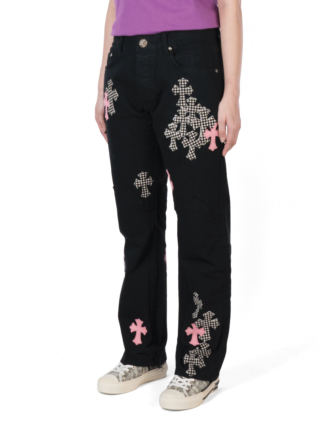 Chrome Hearts Pink & Checkered Cross Patch Fleurknee Jeans Black