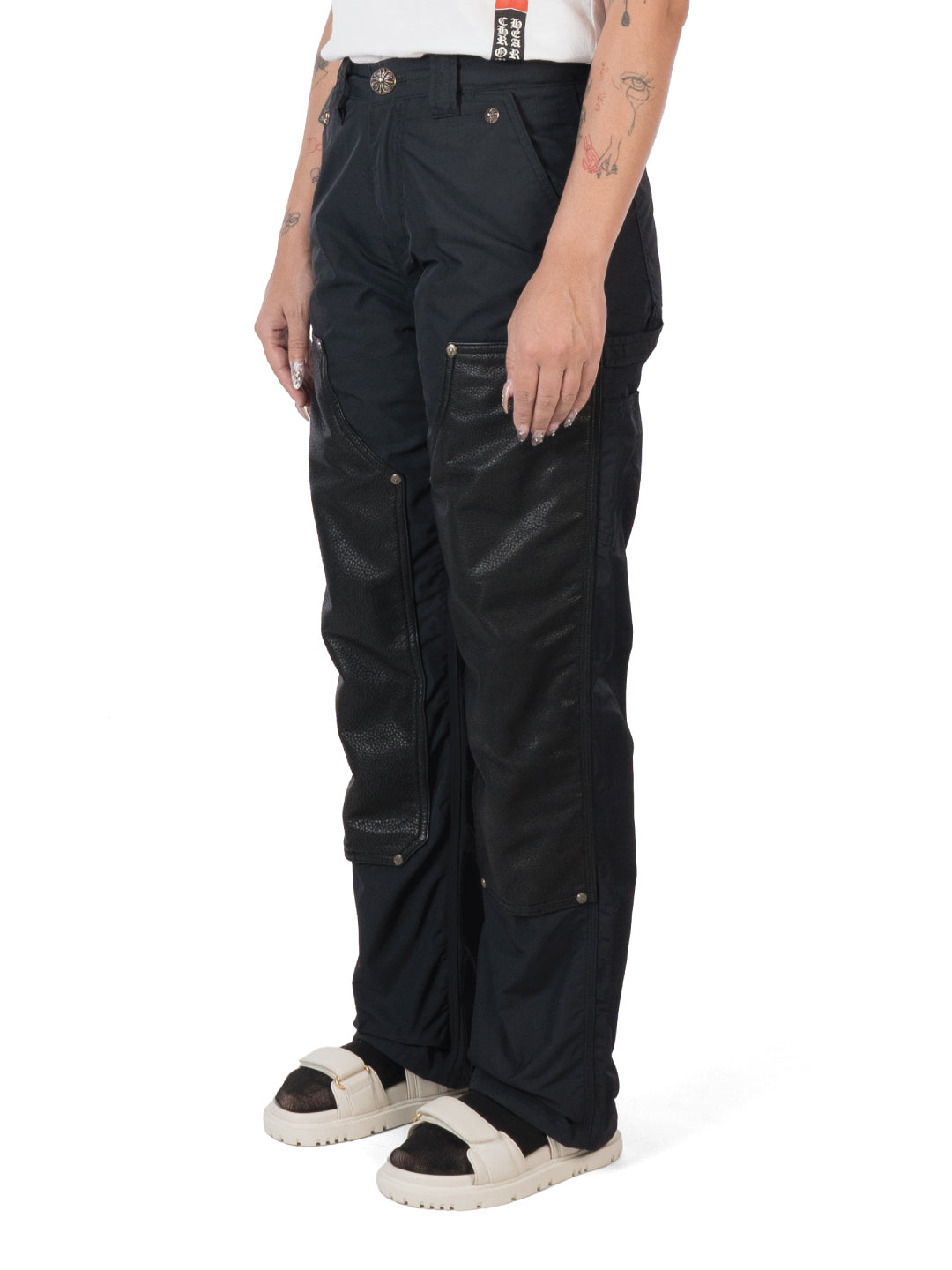 Chrome Hearts Leather Double Knee Nylon Carpenter Pants Black