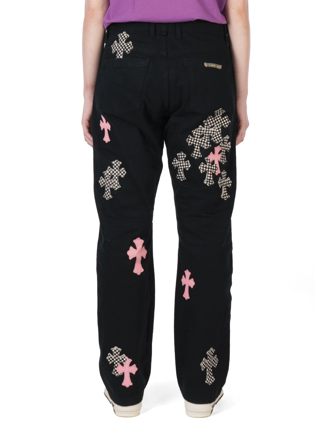 Chrome Hearts Pink & Checkered Cross Patch Fleurknee Jeans Black