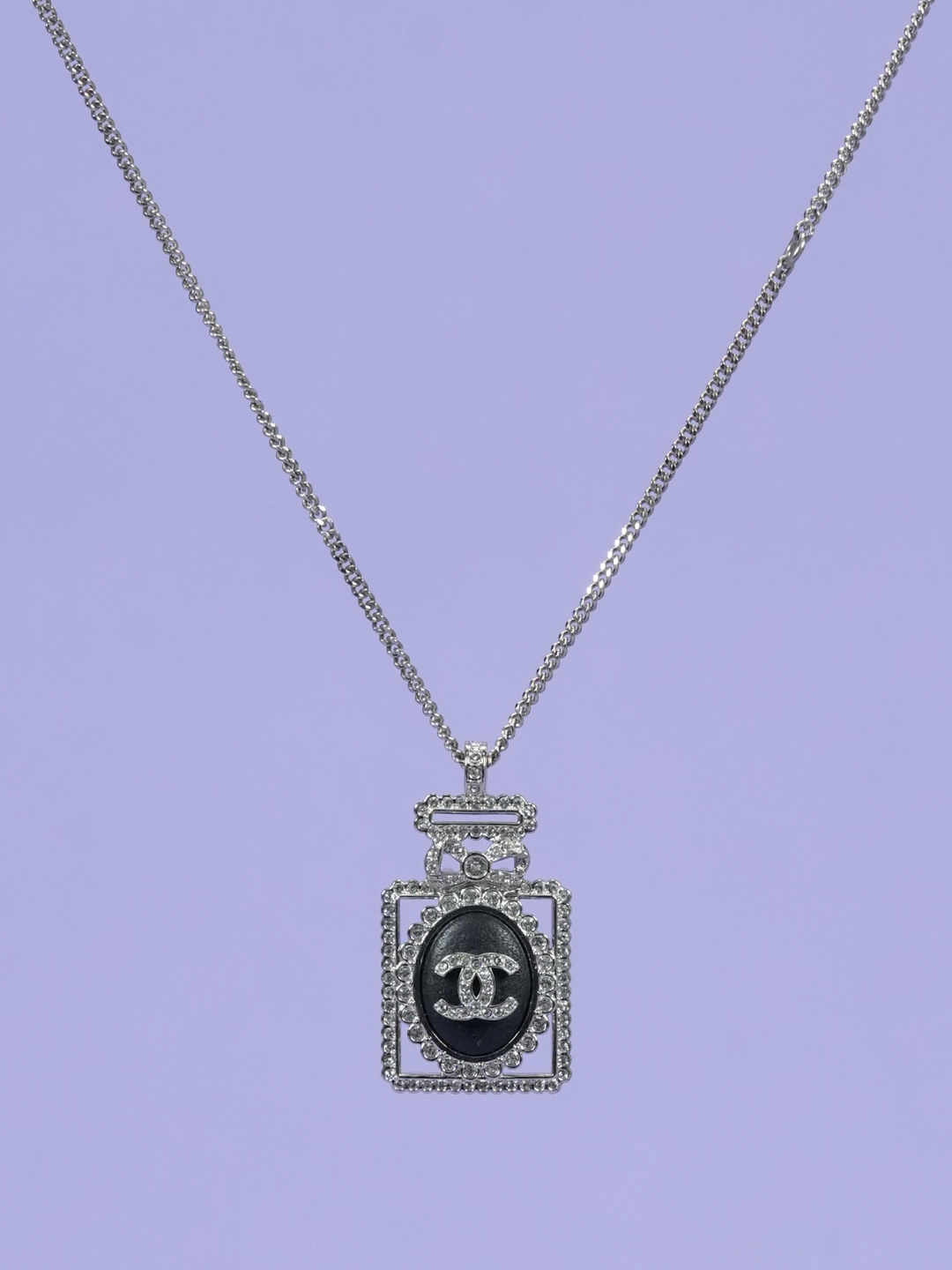 Chanel Crystal CC Perfume Bottle Necklace Silver