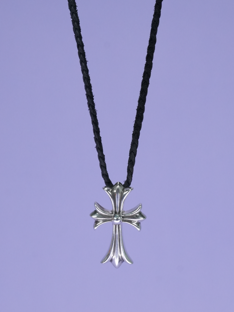 Chrome Hearts Cross Crimp Leather Necklace Silver