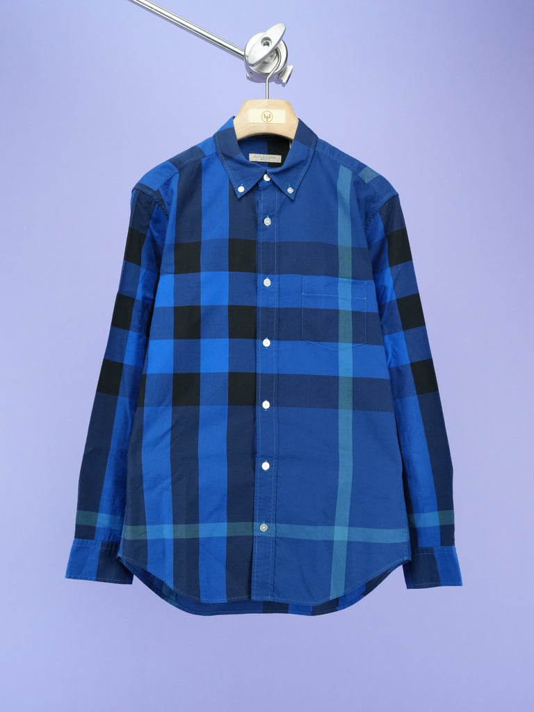 Burberry Check Pattern Cotton Shirt Bright Navy