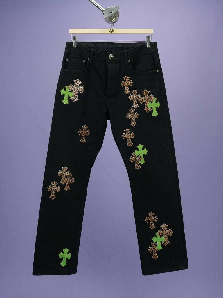 Chrome Hearts Green & Leopard Cross Patch Jeans Black