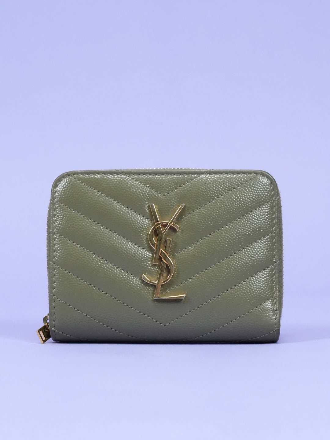 Saint Laurent Cassandre Matelasse Compact Zip Around Wallet Olive