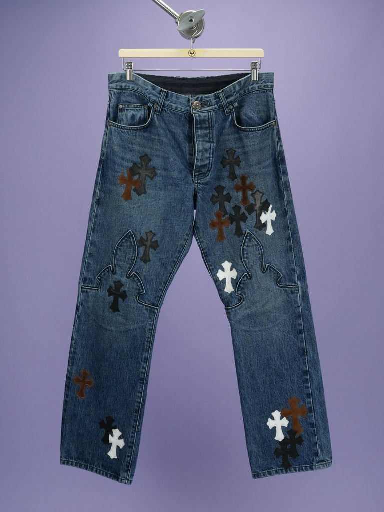 Chrome Hearts Fleur Knee Cross Patch Jeans Blue