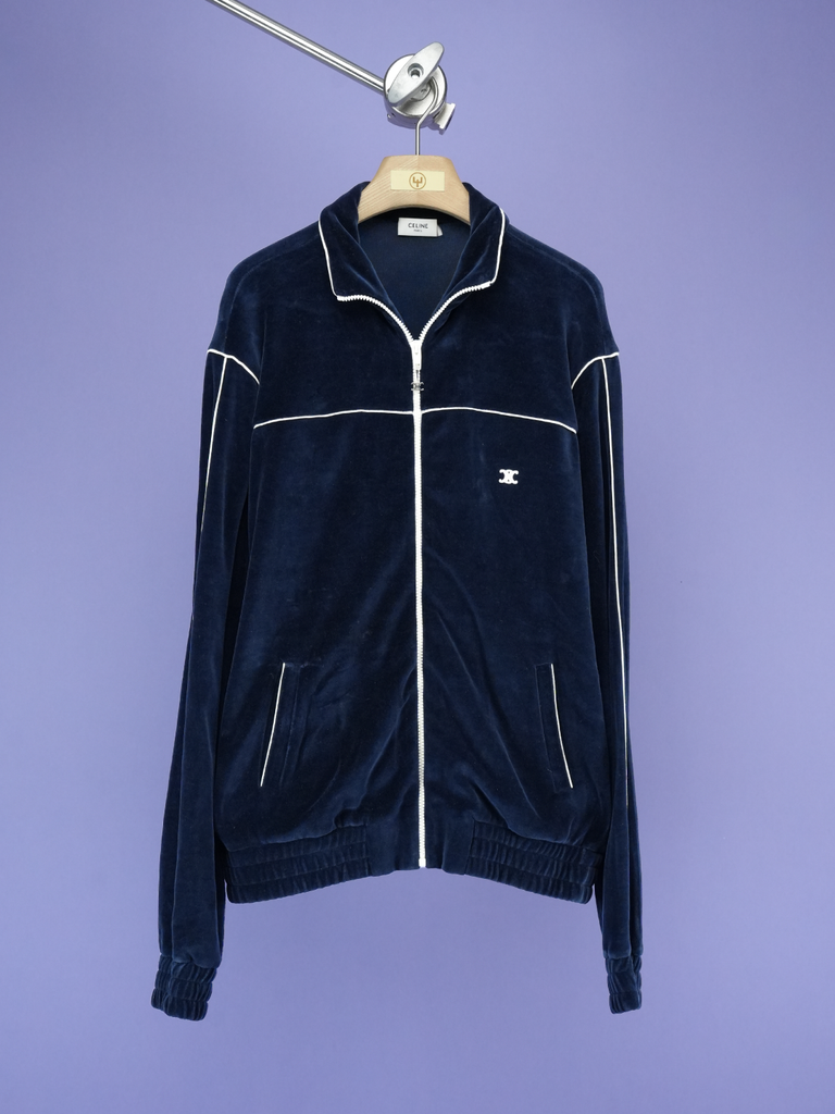 Celine Triomphe Tracksuit Jacket in Velvet Jersey Navy