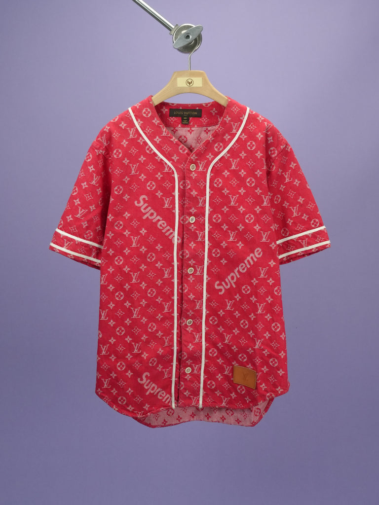 Louis Vuitton / Supreme Jacquard Denim Baseball Jersey Red