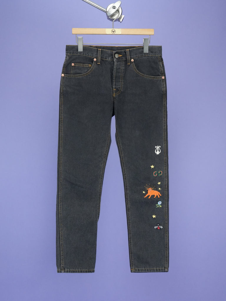 Gucci Embroidered Motif Slim-Fit Jeans Black