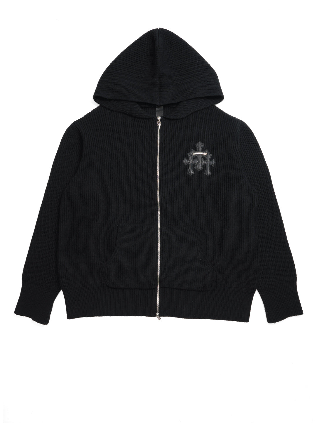 Chrome Hearts Triple Cross Leather Patch Cashmere Zip Up Hoodie Black