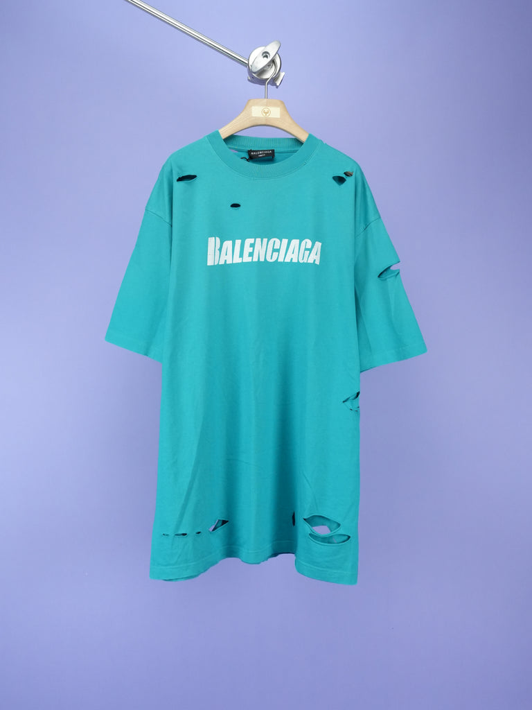 Balenciaga Caps Destroyed Flatground T-Shirt Blue