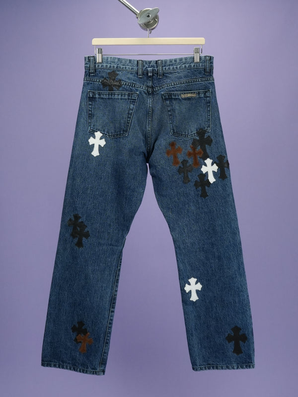 Chrome Hearts Fleur Knee Cross Patch Jeans Blue