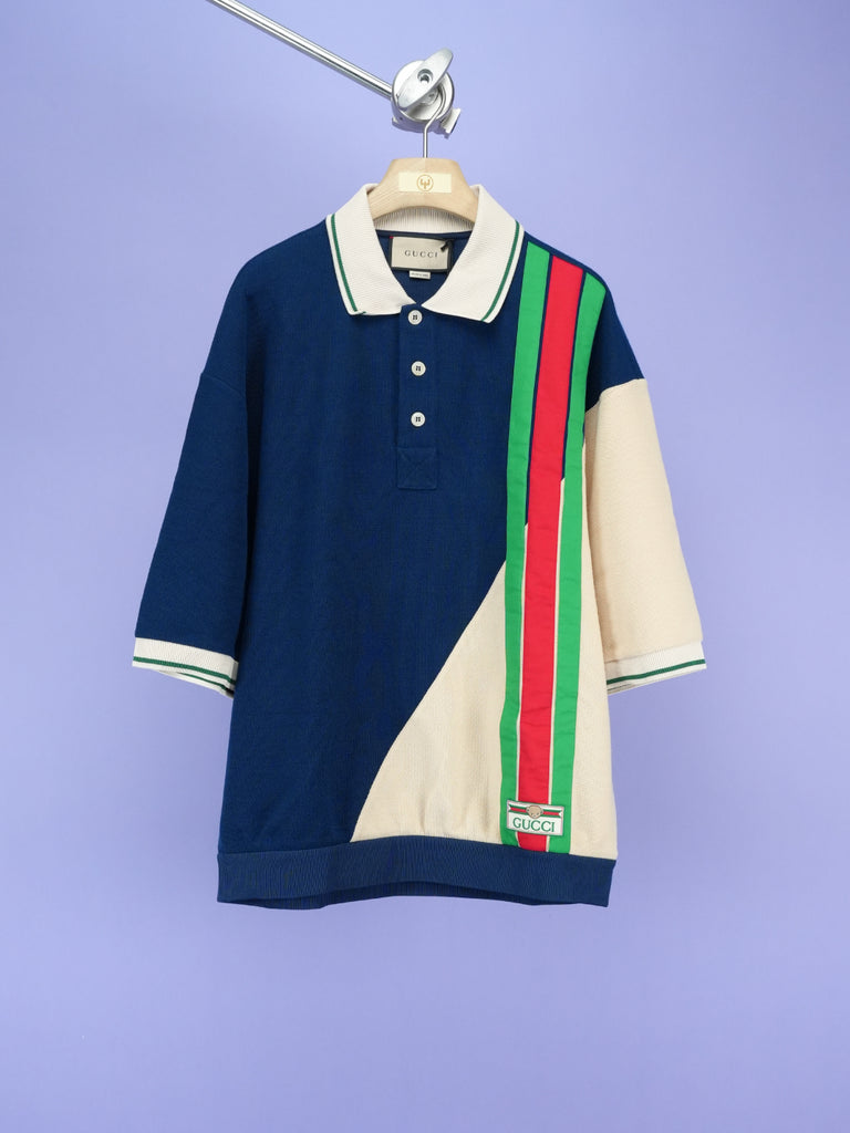 Gucci Stripe Logo Knitted Polo Blue/Ivory