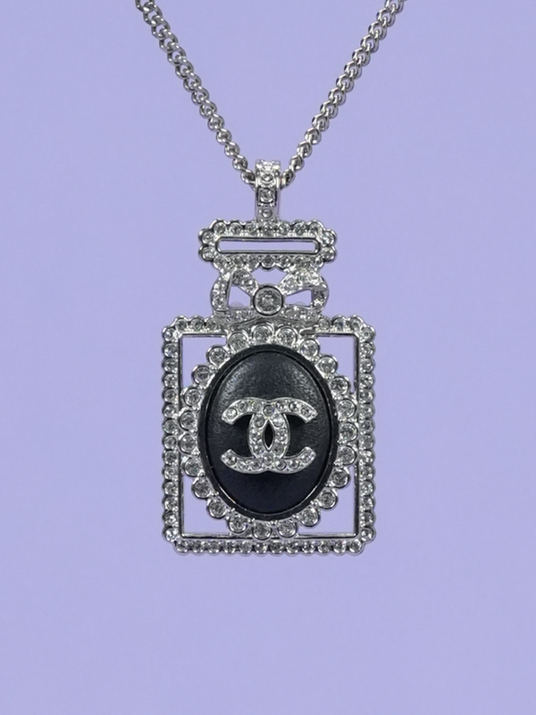 Chanel Crystal CC Perfume Bottle Necklace Silver