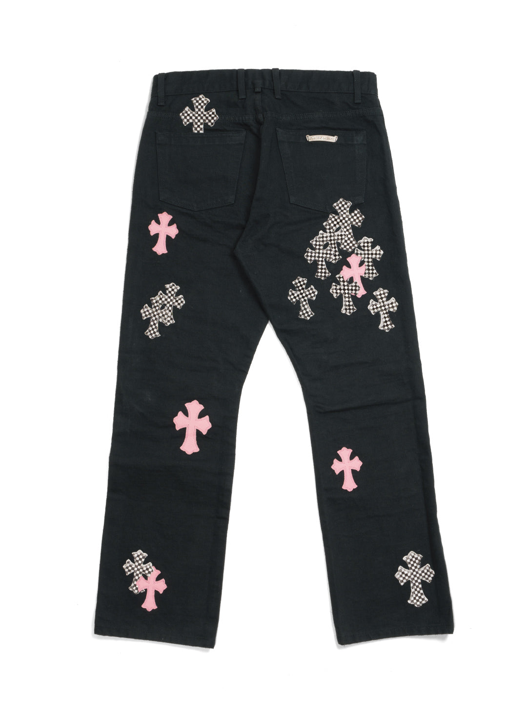 Chrome Hearts Pink & Checkered Cross Patch Fleurknee Jeans Black