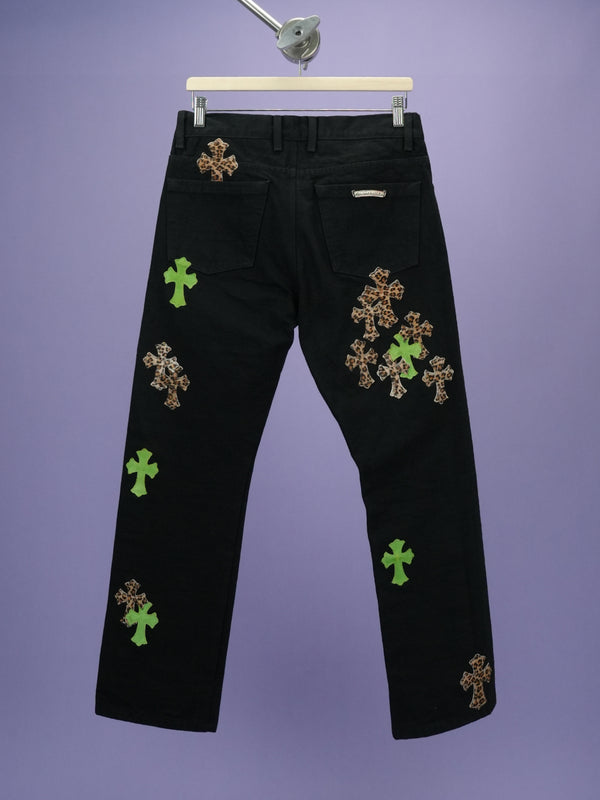 Chrome Hearts Green & Leopard Cross Patch Jeans Black