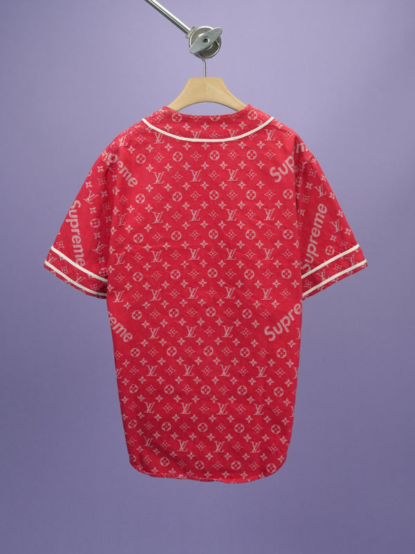 Louis Vuitton / Supreme Jacquard Denim Baseball Jersey Red