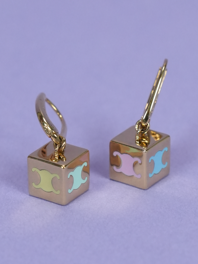 Celine Triomphe Cube Earrings in Brass Gold/Multi