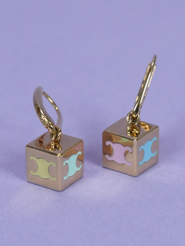 Celine Triomphe Cube Earrings in Brass Gold/Multi