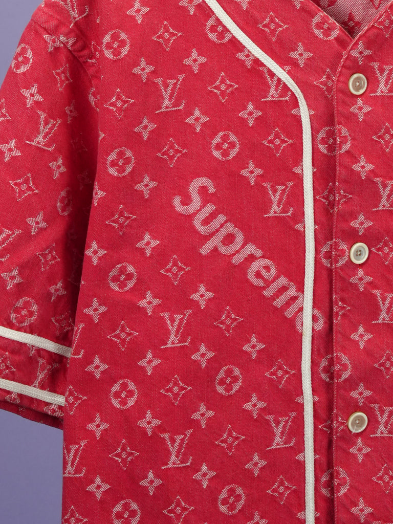 Louis Vuitton / Supreme Jacquard Denim Baseball Jersey Red