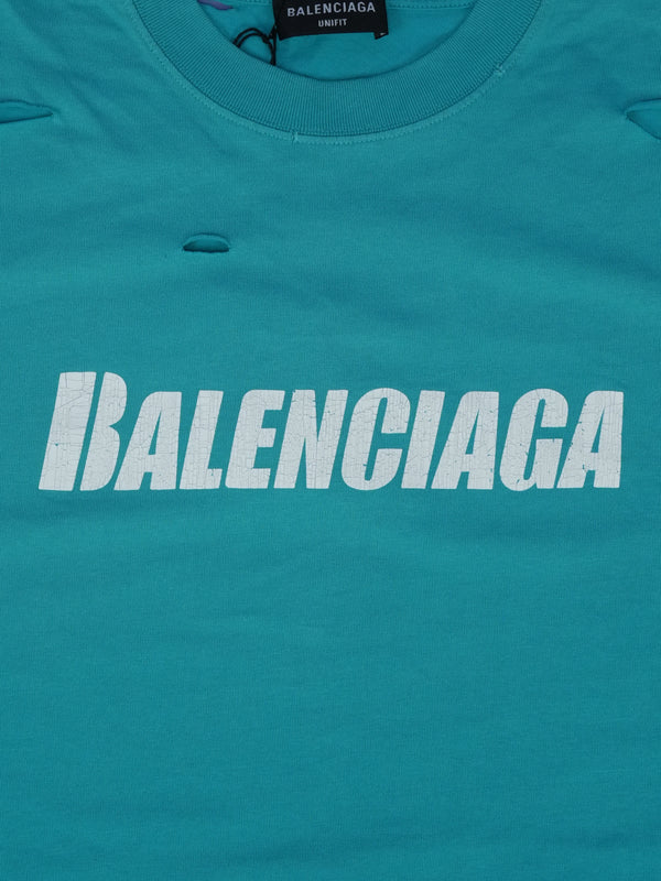 Balenciaga Caps Destroyed Flatground T-Shirt Blue