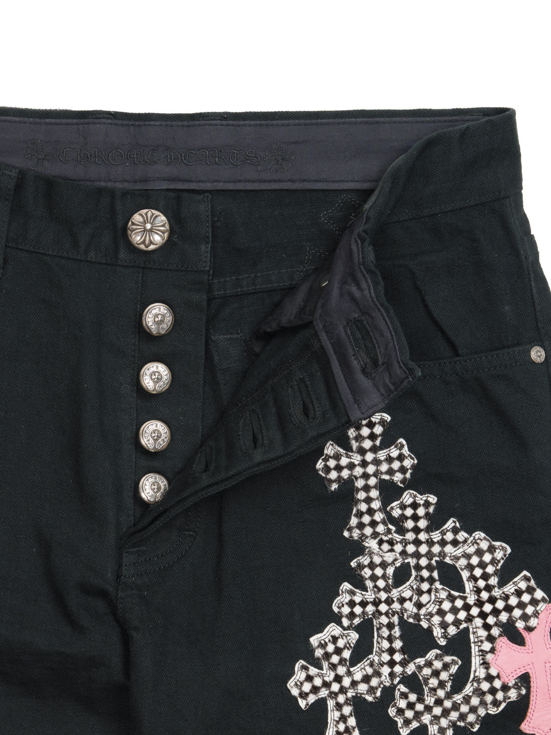 Chrome Hearts Pink & Checkered Cross Patch Fleurknee Jeans Black