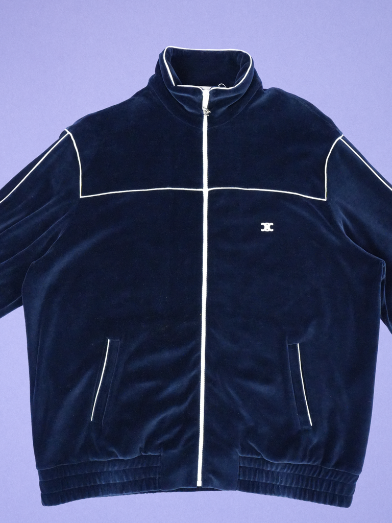 Celine Triomphe Tracksuit Jacket in Velvet Jersey Navy