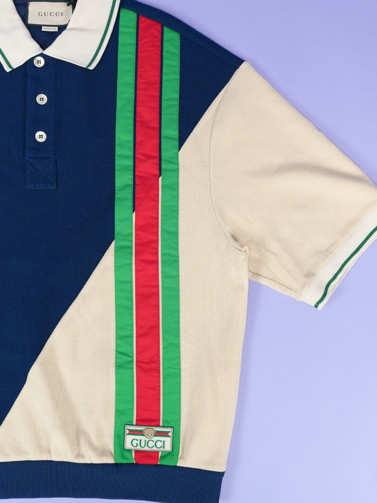 Gucci Stripe Logo Knitted Polo Blue/Ivory