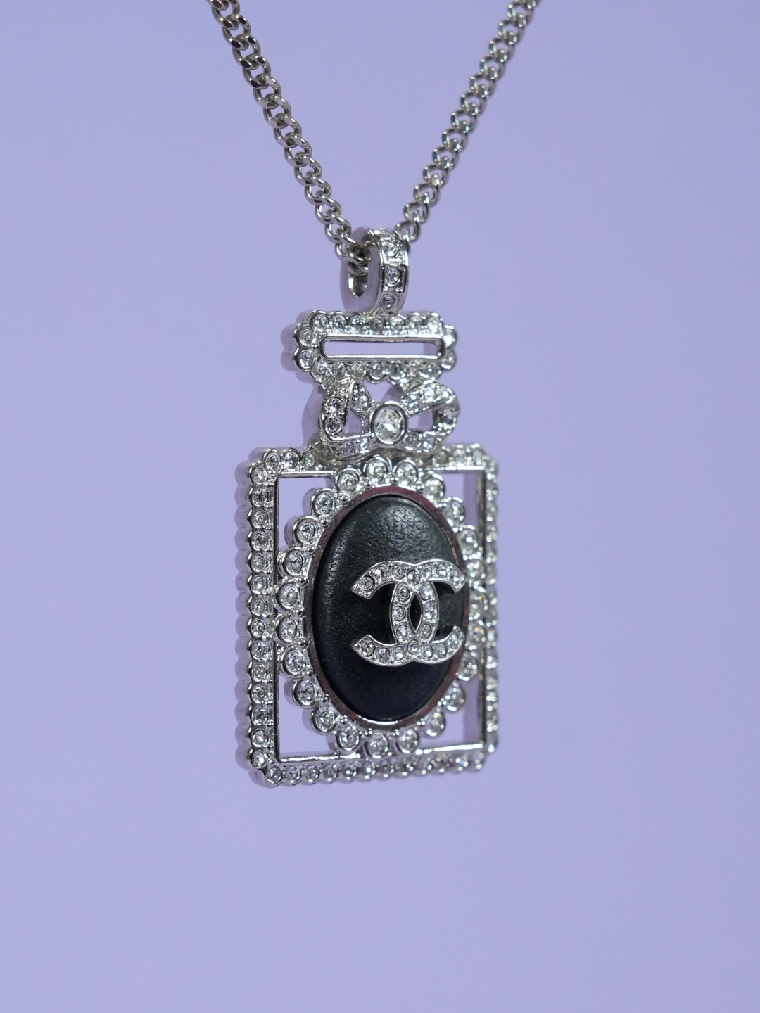 Chanel Crystal CC Perfume Bottle Necklace Silver