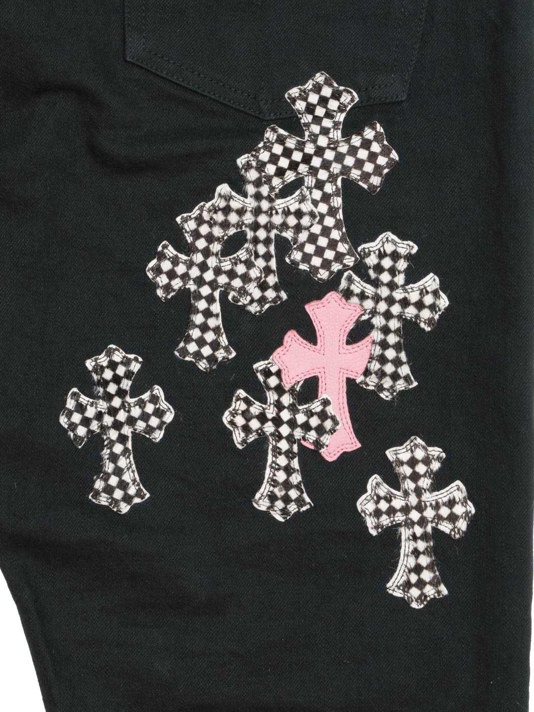 Chrome Hearts Pink & Checkered Cross Patch Fleurknee Jeans Black