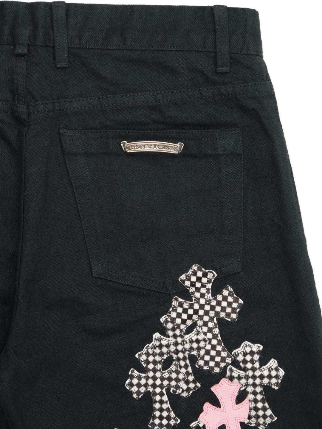 Chrome Hearts Pink & Checkered Cross Patch Fleurknee Jeans Black