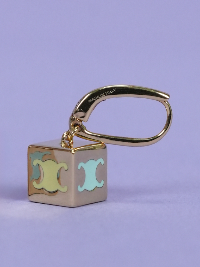 Celine Triomphe Cube Earrings in Brass Gold/Multi