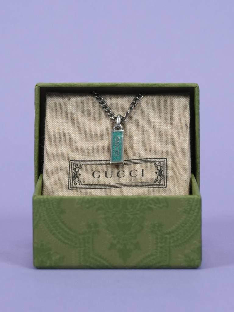 Gucci Logo Pendant Enamel Necklace Silver