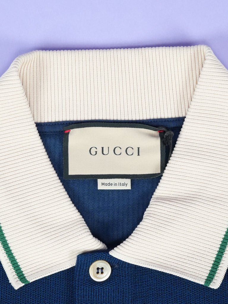 Gucci Stripe Logo Knitted Polo Blue/Ivory