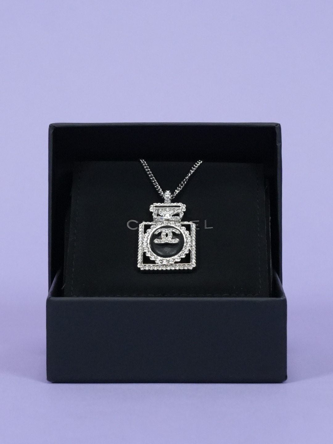 Chanel Crystal CC Perfume Bottle Necklace Silver