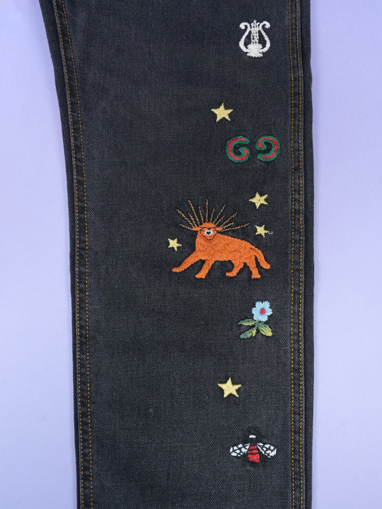 Gucci Embroidered Motif Slim-Fit Jeans Black